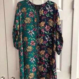 Johnny Was Tunic Dress NWOT 2 Tone Navy Green Tie Neck Beaded Ends Medium Large